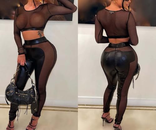 Image of Women's Sexy See Through Sheer Mesh Pants Leggings High Waist Casual Sweatpants Tights