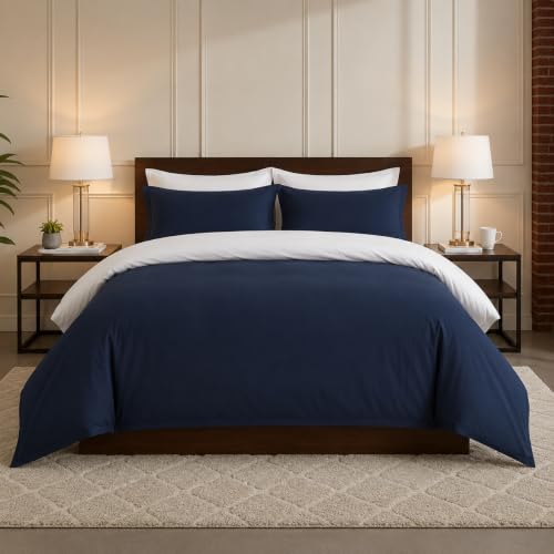 Image of Duvet Cover Single Size Bed (60x92 Inch) 1 Duvet Cover + 4 Pillow Covers with Zipper 600 TC Cotton Reversible Luxurious Quilt, Comforter, Rajai, Blanket Cover (White /Navy Blue)