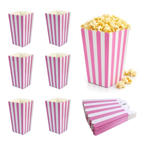 30 PCS Pink Popcorn Boxes Small Popcorn Bags For Party Mini Paper Snack Boxes Pink & White Striped Popcorn Containers For Birthday Party Favors Cinemas And Home Gatherings