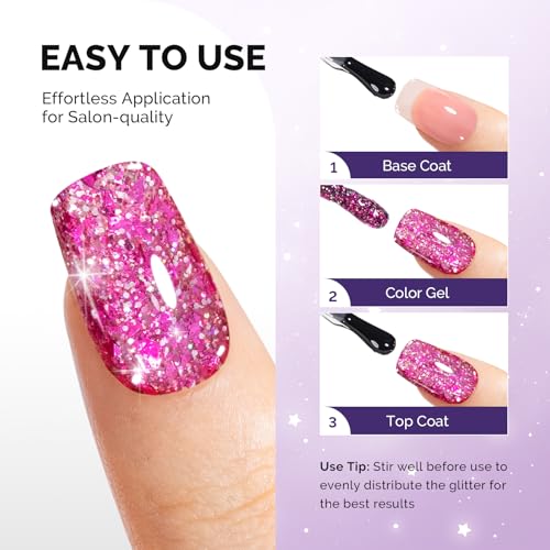 Image of MelodySusie Galaliver Hot Pink Glitter Gel Nail Polish, 15ML Shimmer Pink Sparkle Gel Polish Soak Off UV LED Cured Long Lasting Gift for Women DIY Nail Design Nail Art Manicure X14