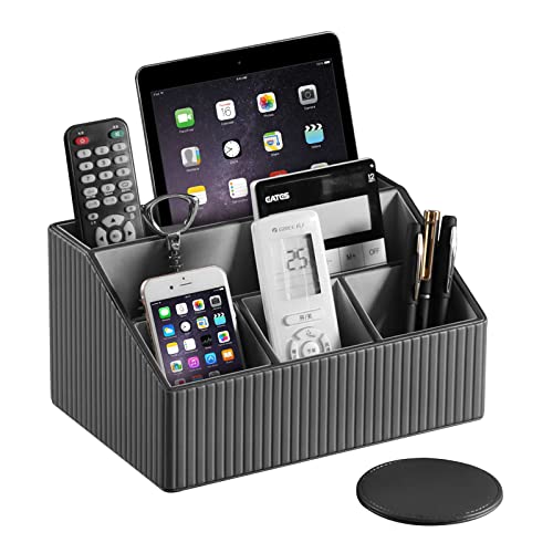 MEIBOOCH Leather Desk Organizer, Luxury Office Supplies Remote Control Holder with Coaster - Suits Office Desk, Side Table, End table, Bedside - Gifts for Men (Dark grey stripe)