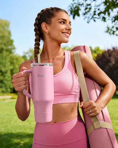 Image of Renoj Insulated Mug 100% Spill Resistant Insulated Water Bottle for Iced Coffee & Hot Drinks - Fits Car Cup Holder, Ideal Gift, 2 Straws & Silicone Boot - FlexSlide Pink 32 oz