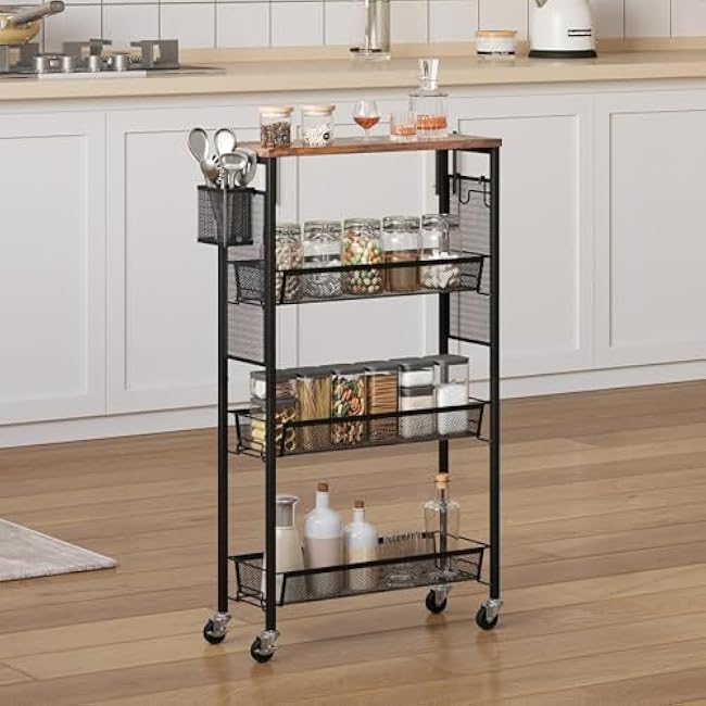 YITAHOME 4-Tier Slim Kitchen Storage Cart, Rolling Spice Rack Next to Fridge, 7.3¡° Inch Deep Kitchen Trolley with Wheels, Wood Tabletop & Wire Mesh Baskets, Mobile Narrow Shelf, Black-63JsxpCY