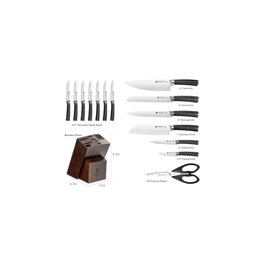 Kitchen Knife Set, Ultra Sharp 15 Pcs Knife Set with Block, Full Tang Chef Knife Set, High Carbon Stainless Steel Knife Block Set with Sharpener, Wooden Handle