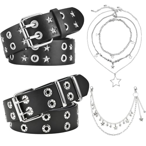 Black Studded Belt, 4Pcs Y2K Accessories Metal Gothic Star Belt Punk Wallet Pants Chain Necklaces for Men Women