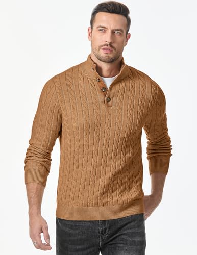 Image of JMIERR Men's Cable Knit Pullover Sweater Casual Long Sleeve Stand Collar Button Knitted Sweaters