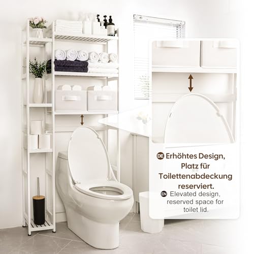 Yorbay Toilettenregal mit 2 Körben, Bambus WC Regal, 3-stöckiges Verstellbar Badregal mit Wasserdichtes Fußpolster, Multifunktional Badezimmerregal, Platzsparend, Einfache Montage (Weiß)