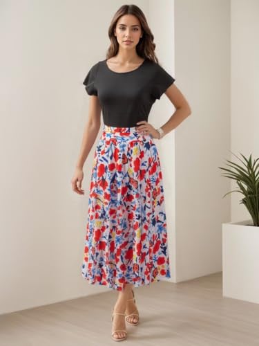 Image of DNFUN Women's Summer Wrap Maxi Dress Casual Boho Floral Ruffle Short Sleeve Beach Long Dresses Red Blue