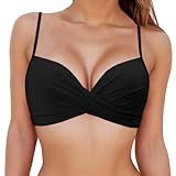 KOEMCY Bikini Oberteil Damen Verstellbare Breite Träger V Ausschnitt Bralette Push Up Support für Strand Vacation Bademode Bikini Top (Schwarz,M)