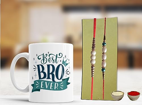 Image of Bhumiyaan Rakhi Gift for Brother and Rakshabandhan Gift | Rakhi for Brother with Printed Ceramic Mug| | Pack of 4 (Printed Mug, Roli Chawal, 02Rakhi) | Best Rakhi Gift for Brother. (04)