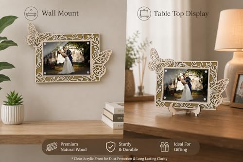 Image of Rectangle Photo Frame | Wooden Decorative Picture Frame with Butterfly Laser Cut Border & Clear Acrylic Front | Wall & Tabletop Display | Premium Home Decor & Gift (22x16 cms)