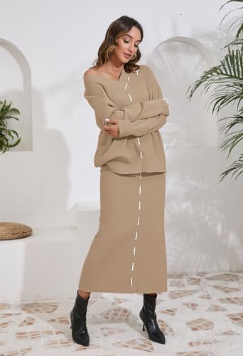 Pink Queen 2025 Women's 2 Piece Sweater Set V Neck Rib Knit Long Sleeve Maxi Bodycon Skirt Casual Outfits4