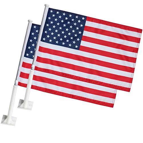 American Flag For Car 12\" x 18\" With 20\" Pole Car Flags Window Clip Double Sided Two Layers American Car Flag Heavy Flagpole American Flag Car Window Patriotic Spirit Flutters With The Wind Let Your Car Distinctive Pack Of 2