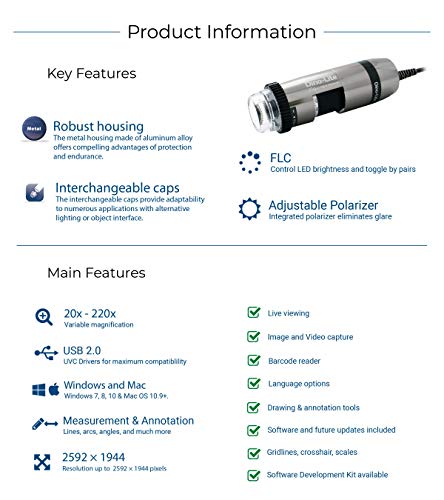 Image of Dino-Lite USB Digital Microscope AM7115MZT, 10x-220x Magnification 5.0MP, Microtouch, Measurement, Scroll Lock, Polarizer, Removable Cap, Metal Body