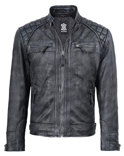 Image of fjackets Mens Leather Jacket Moto Style Real Lambskin Leather Jacket, Quilted Cafe Racer Classic Zip Up Biker Jacket for Men