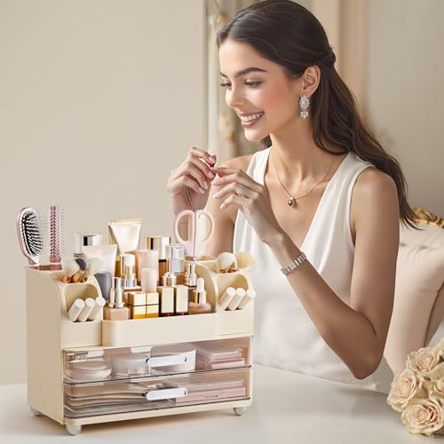HBlife Makeup Organizer for Vanity with Brush Holder, Large Bathroom Countertop Cosmetic Organizer Skin Care Storage, Easy to Store Lipsticks, Nail Polishes, Perfumes, Eyeshadow Palettes, Beige by HBlife - Used condition - Image 6