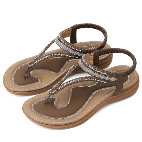 Image of UBFEN Womens Bohemian Flat Sandals With Back Strap Summer Beach Comfortable Bling