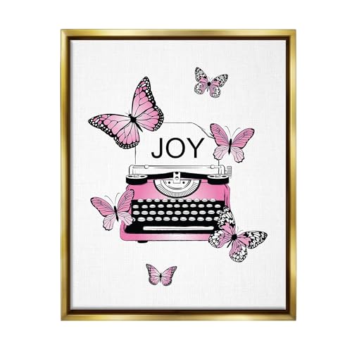 Image of Stupell Industries 'Typewriter with Joy'| Floating Frame Canvas Art | Stupell Industries | Gold, 17 x 21 Inches, Easy to Hang and Sturdy, Made in USA, by Martina Pavlova