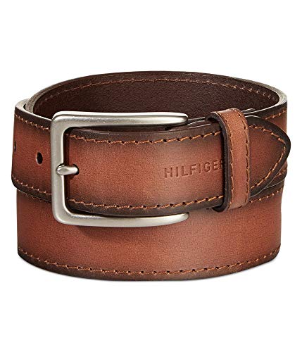 Tommy Hilfiger Brown Leather Belt - Dress or Casual for Men Jeans with Thick Strap with Stitching and Silver Buckle