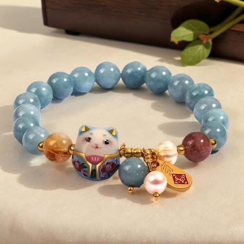Lucky Cat Bracelet with Blue Crystal, Ceramic Cat Pendant, Feng Shui Good Luck Jewelry for Women, Wealth & Protection Bracelet3