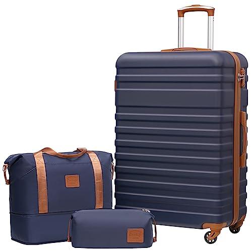 COOLIFE Suitcase Set 3 PCS - 28" Hard Shell Lightweight ABS Luggage + Travel Bag & Toiletry Bag, Large Suitcase with TSA Lock, 360° Wheels for Travel, Airline & Cruise, Check in Baggage, Blu