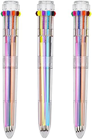 HeTaoCat Multicolor Pens 3 Pack 0.5mm 10-in-1 Retractable Ballpoint Pens - 10 Colors Transparent Barrel Ballpoint Pen for Office Supplies (Transparent)