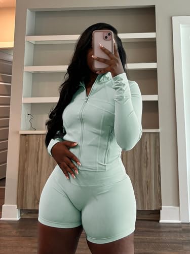 Molilove Womens 2 Piece Outfits Lounge Sweatsuit Set Long Sleeve Zipper Crop Jacket and Shorts Tracksuits Workout Set2