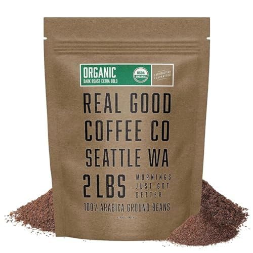 Condition photo showing Good Condition for Real Good Coffee Company - Ground Coffee - Organic Dark Roast Coffee - 100% Arabica Coffee Beans - Roasted and Ground in Seattle, WA - 2 Pound Bag