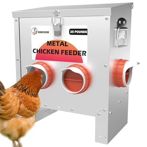 Metal Chicken Feeder Large Capacity 25lbs Automatic Metal Chicken Feeders No Waster Weatherproof Poultry Feeder for Chickens, Geese, Ducks, Turkeys (4-Port)
