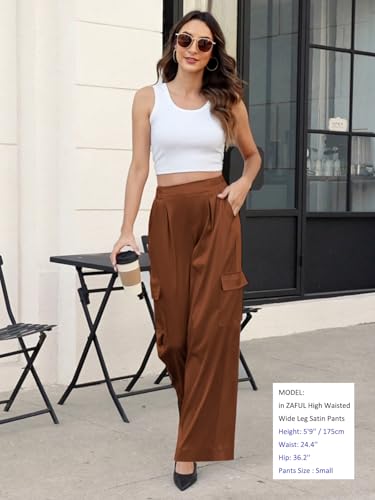 Image of ZAFUL Womens Satin Pants Wide Leg High Waisted Cargo Pants Silky Dressy Casual Slack Trousers