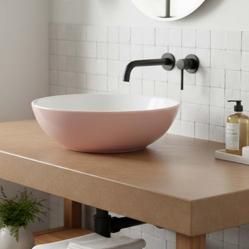 Fine Fixtures Bathroom Sink - 16 Inch Round Ceramic Vessel Sink, Modern Textured Interior Bowl Design, Perfect Sink for Bathroom Vanity, Vintage Rose Wash Basin
