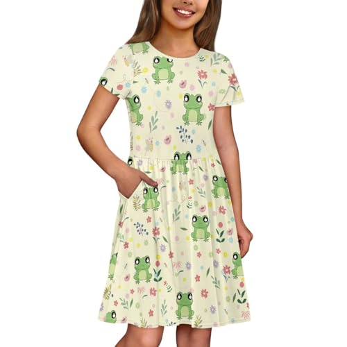 Image of Girls Dress with Pockets Basic Short Sleeve High Waist Swing Skater Dress School Party Dress for Kids