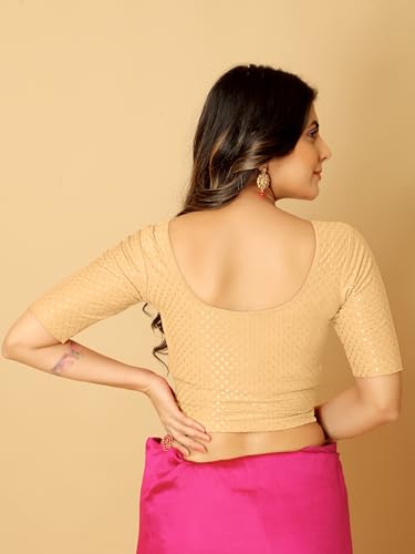 Image of Amazon Brand - Anarva Round Neck Dobby Cotton Lycra Stretchable Elbow Half Sleeve Readymade Saree Blouse for Women Stylish