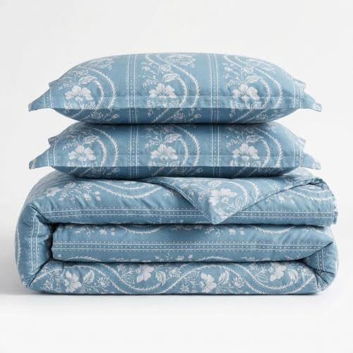 Image of Martha Stewart - King Comforter Set, Smooth Sateen Front with Subtle Sheen & Lightweight Cotton Percale Reverse, 3 Piece Bed Set with Matching Pillowcases (Sophia Stripe Blue)