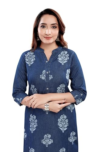 Image of Aprika Printed Straight Denim Kurta for Women Blue Color