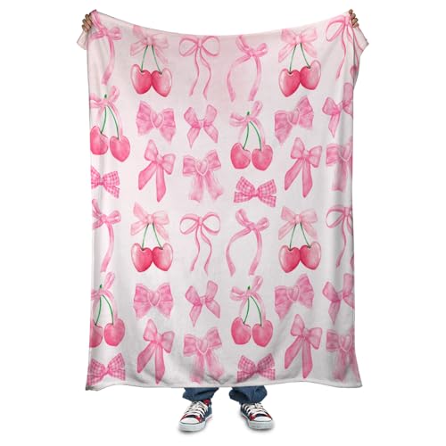 Image of Reateforin Pink Cherry Bow Throw Blanket Back to School Decorations Soft Dorm Room Essentials Gifts for Students Girls Boys Lightweight Coquette Bow Cherry Aesthetic Blanket for Couch Sofa Bed 40"x50"