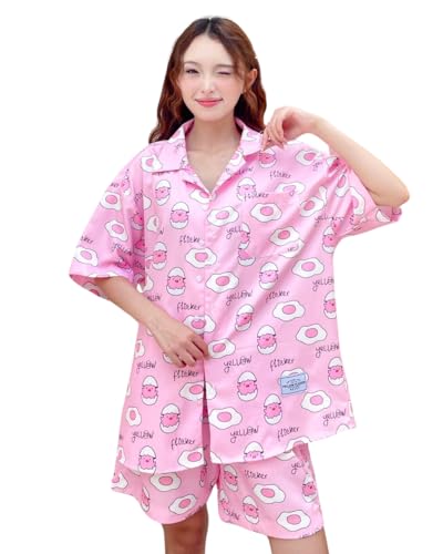 Silk Pajamas Set with Pockets Shorts Summer 2-piece outfit featuring cartoon cute print (US, Alpha, Large, Regular, Long, PINK)