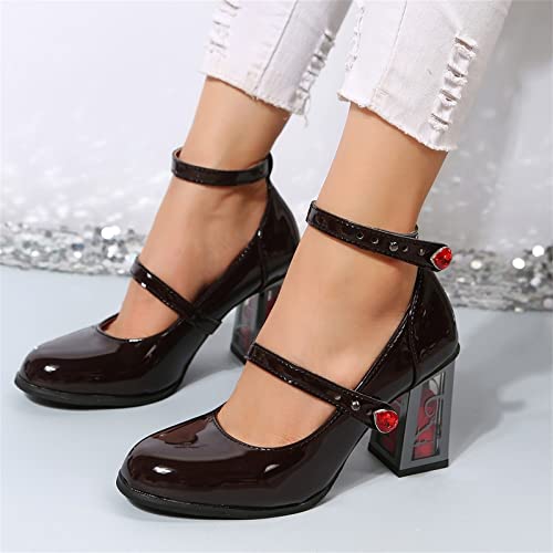 Womens Goth Punk Chunky Heels Pumps Patent Leather Mary Jane Shoes with Ankle Strap Rose High Heel Dress Party Shoes4