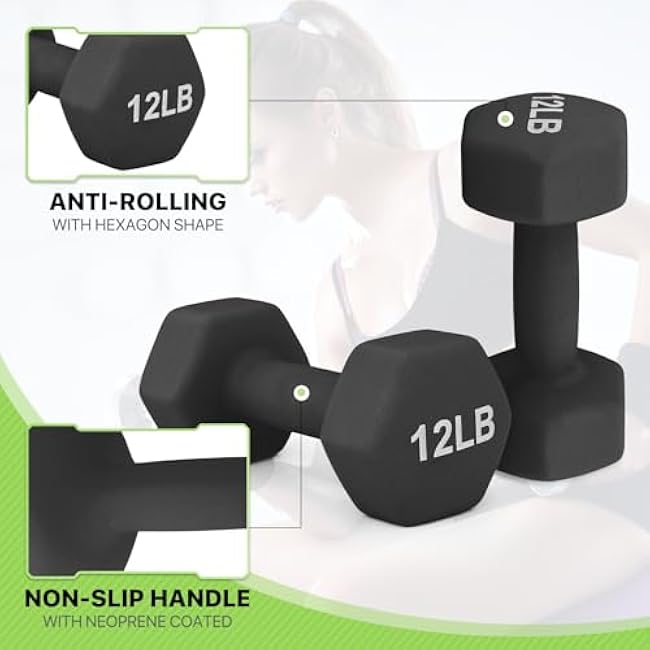 Neoprene Coated Dumbbell Hand Weights Set ¨C 8LB, 10LB, 12LB, 15LB Pairs for Strength Training, Home Workouts and Full-Body Fitness, Hex Shape and Non-Slip Grip
