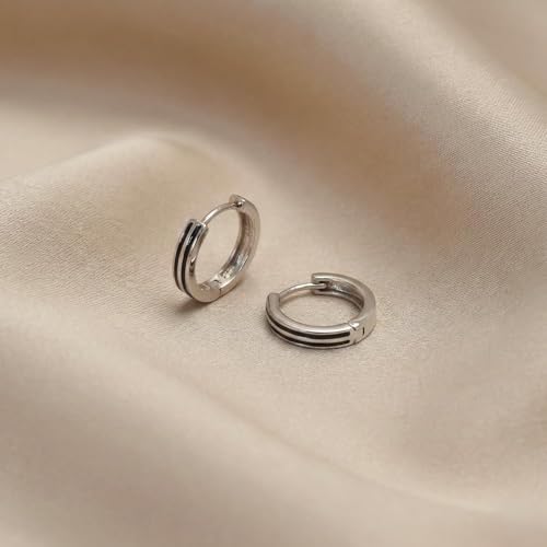 Image of TRUESILVER ACPL 925 Sterling Silver Hoop Earrings for Men | BIS Hallmarked Huggie Hoop Earrings | Minimalist Vintage Chunky Silver Hoops for Men