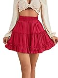 Picture of LYANER Women's Elastic Waist Pleated Layer Ruffle Hem Flowy A Line Short Skirt Red2 Medium