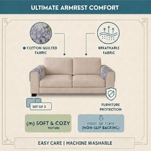 Image of STITCHNEST 'Frostvine Collection' Sofa Armrest Cover | Cotton Quilted Fabric, Washable & Durable for Modern Living (18 x 22 Inches)