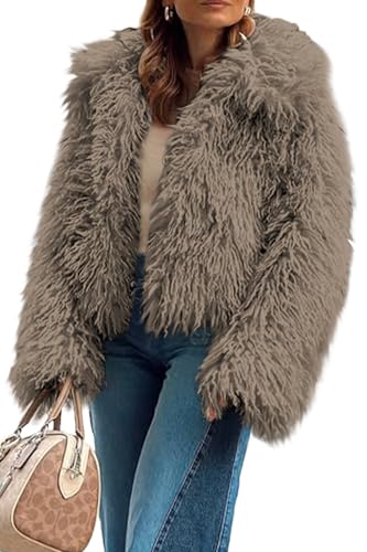 POMTIMCO Kunstfelljacke Damen Winter Leicht Einfarbig Elegant Outdoor Jacken für Damen Leicht Bequem Lässig Lose Mantel mit Revers