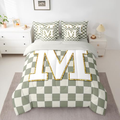 Image of Erosebridal Sage Green Checkered King Bedding Set 7 Piece Plaid Initial M Bed in A Bag with Sheets Personalized Monogram Comforter Set for Kids Adults,Fashion Grids Gingham Bed Sets