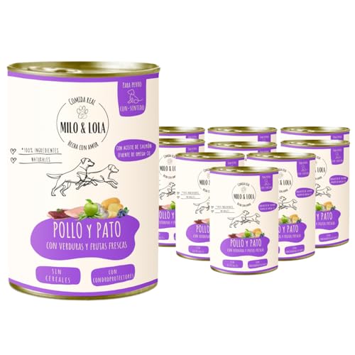 Milo y Lola Pack 12 Latas - Comida Húmeda Perros Pollo y Pato 380g - Nutrición Completa con Aceite de Salmón, Omega-3 y Condroprotectores. Latas Comida Húmeda Perros Cachorro, Adulto y Senior