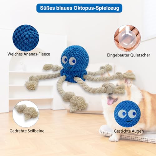 TONYFY Niedliche Meerestieren Hundespielzeuge mit Quietscher, Interaktive Plüschspielzeuge aus Baumwolle mit Knoten und Knisterpapier – für Welpen, kleine und mittelgroße Hunde (Blauer Oktopus)