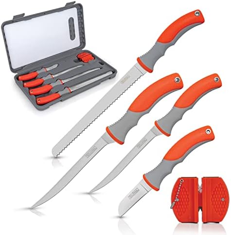 Wild Fish 7-Piece Fillet Set - Knives for Fishing: Fillet, Bait & Frozen Fish Knife with Sharpener, Cutting Board and Carry Case.