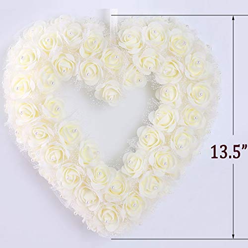 Idyllic Heart Shaped Wreath Floral Rose Artificial Garland Door Wreath For Home Wedding Valentine's Day Decoration, Ivory, 14 Inches #TOP1
