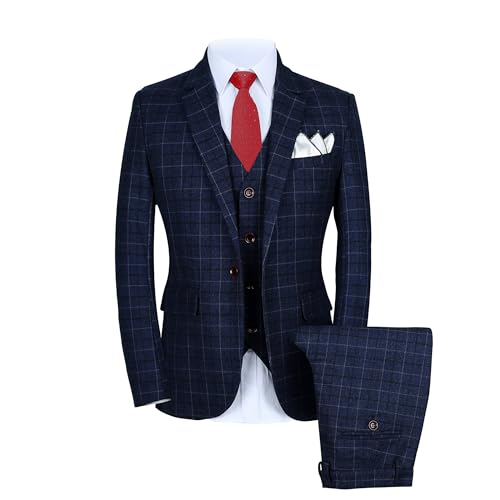 MOGU Męski garnitur 3-częściowy slim fit w kratę – marynarka, kamizelka i spodnie na ślub, studniówkę i do biznesu, NIEBIESKI, 54