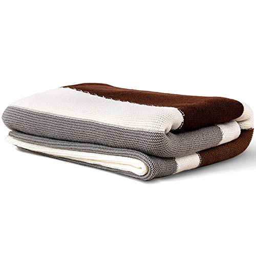 Queenshin 100% Cotton Tricolor Stripe Stitching Knit Throw, Lightweight Cozy Fluffy Bed Sofa Knitted Blanket 50 * 60 Inch, Khaki-Grey #TOP1
